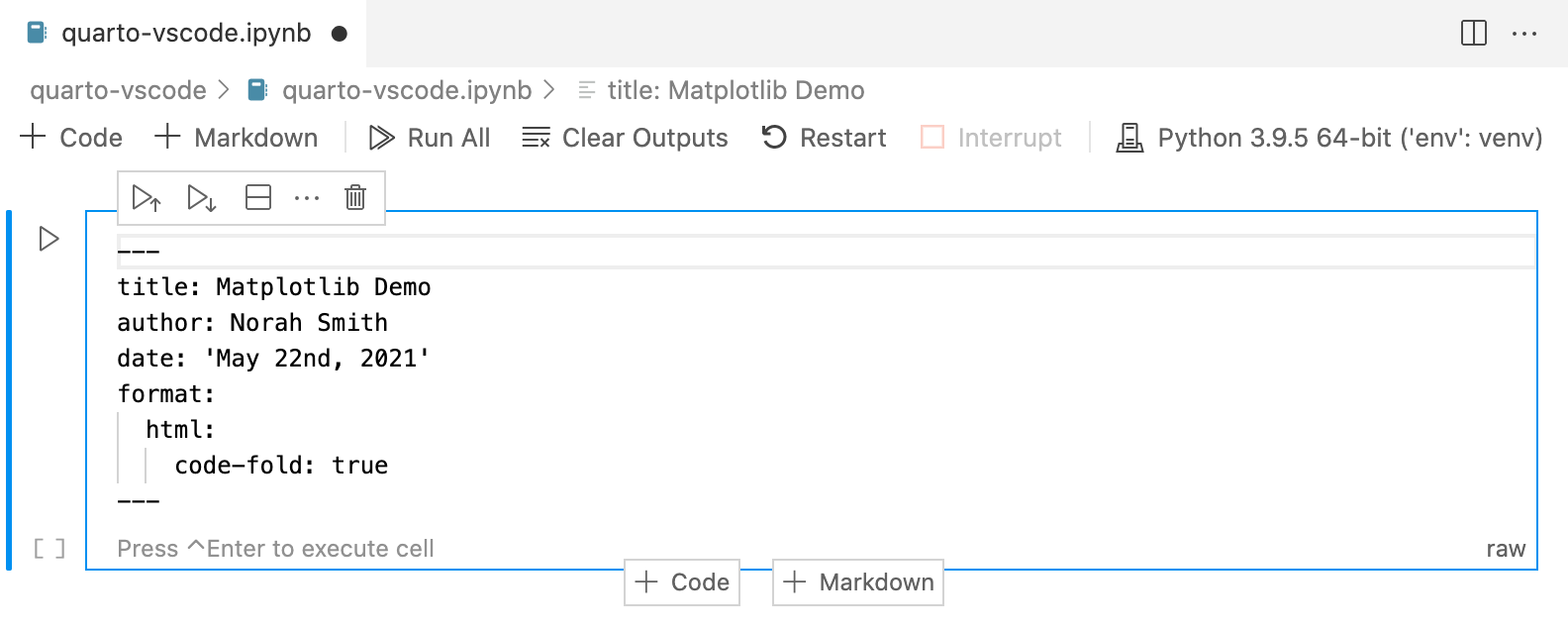 The top section of an ipynb file open in Positron. There is a Raw cell containing yaml front matter.